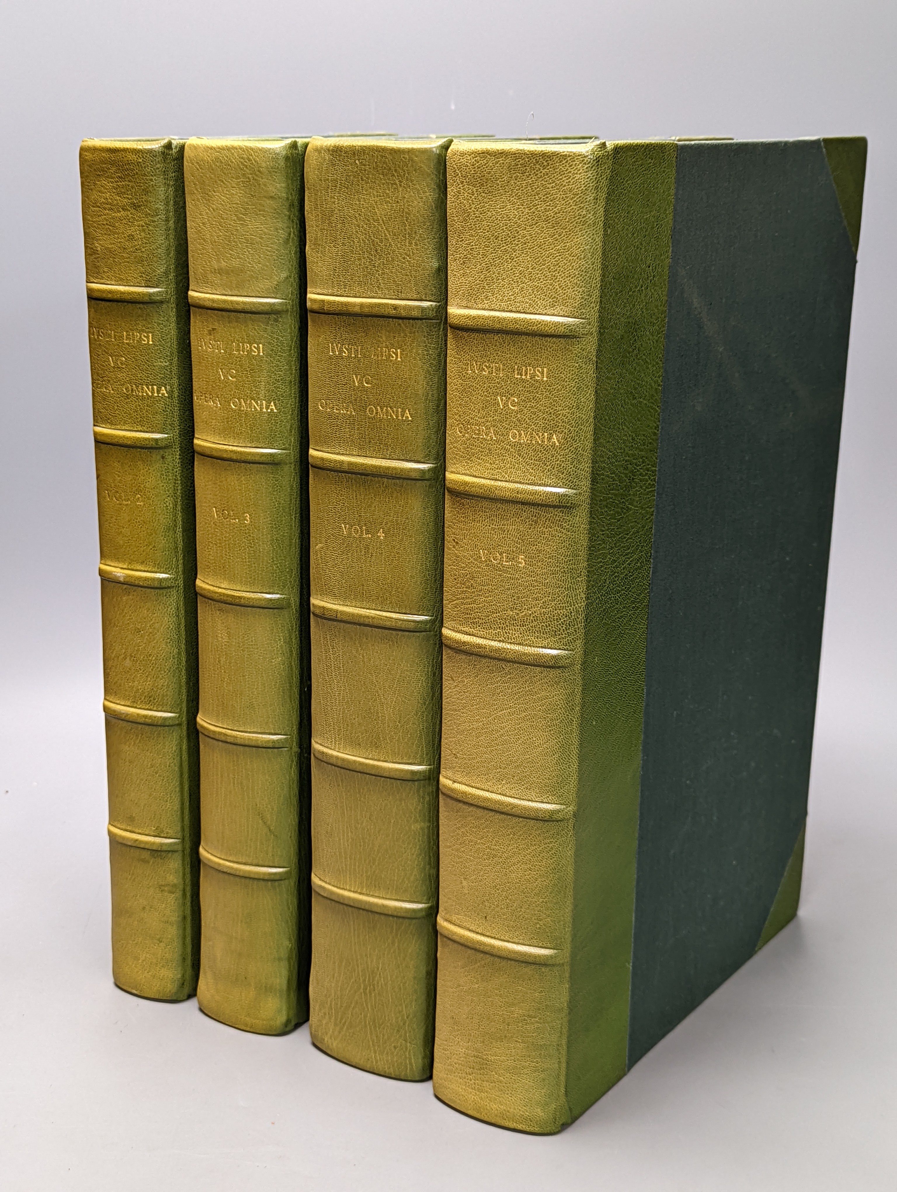 Lipsius, Justus - Opera Omnia ... 4 vols. some text engravings; recently rebound green half morocco and cloth, gilt-lettered and panelled spines, folio. Antwerp: ex officina Plantiniana